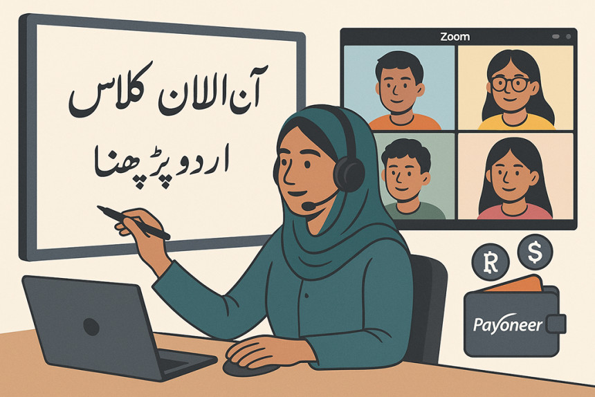 Pakistani teacher giving an online Urdu class