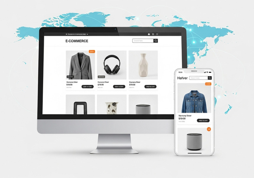 E-Commerce store illustration with products and global reach – how to start online business globally 2025