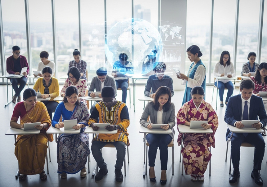 Global classroom concept – students learning together online 2025