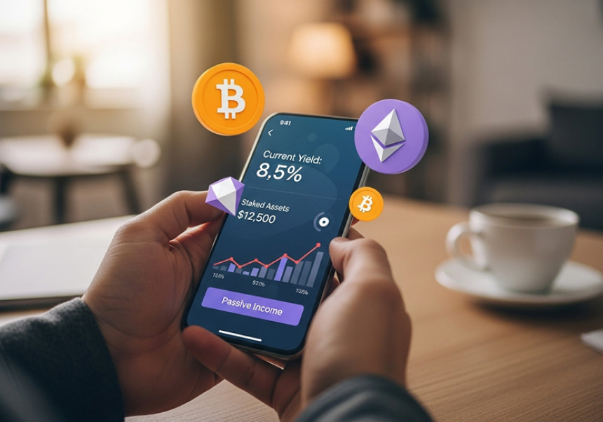 Crypto investor earning passive income through staking and DeFi platforms