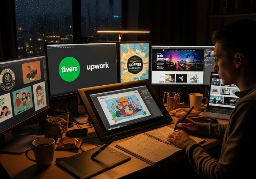 Global freelancer working late on creative side hustle gigs in 2025