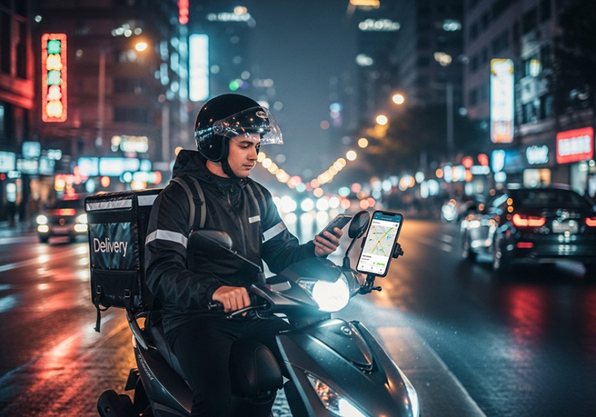 Urban gig worker earning income via delivery app in a global city