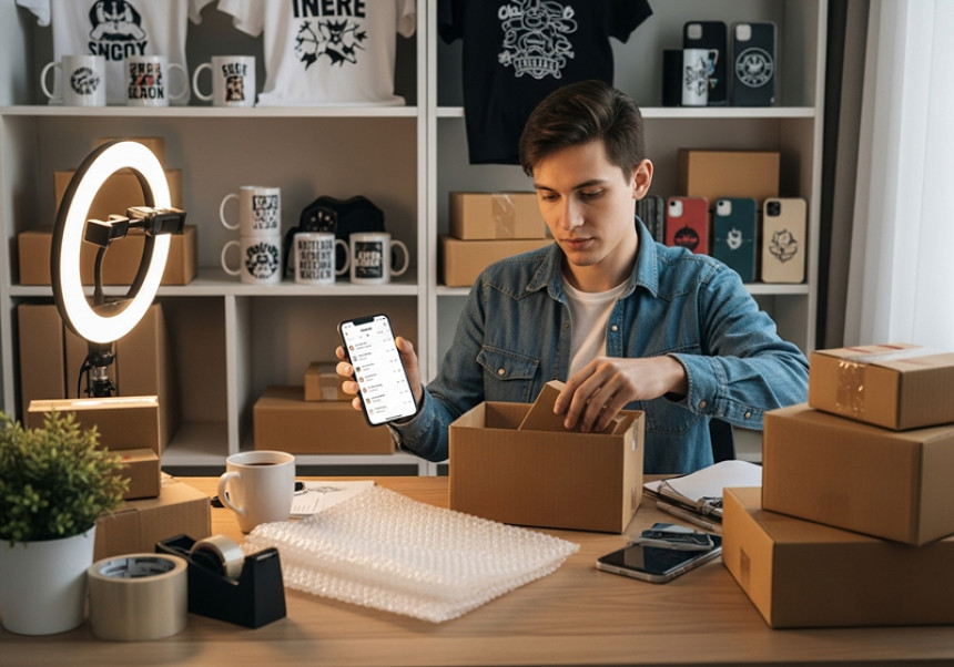 Small business owner running side hustle through online reselling and POD