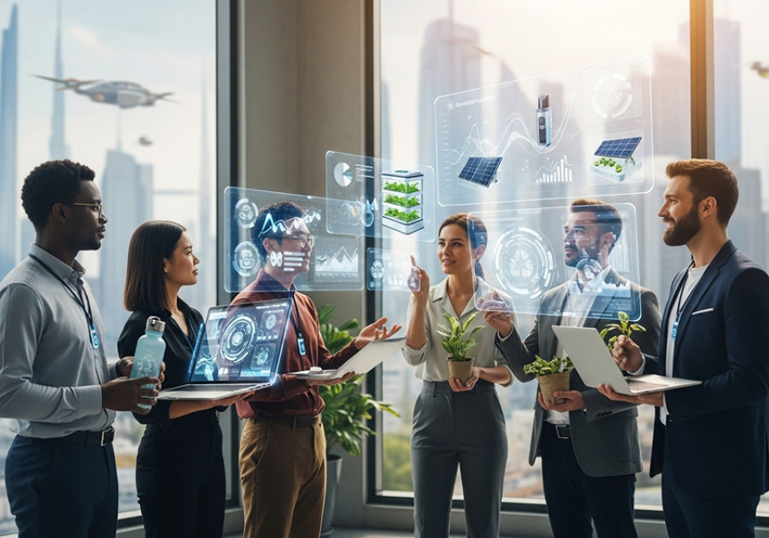 Global entrepreneurs in 2025 collaborating on innovative startup ideas across technology, sustainability, and borderless business.