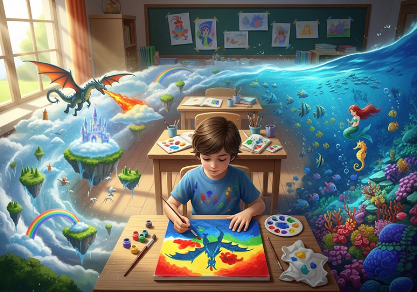 Creative child in classroom — scene inspired by Taare Zameen Par