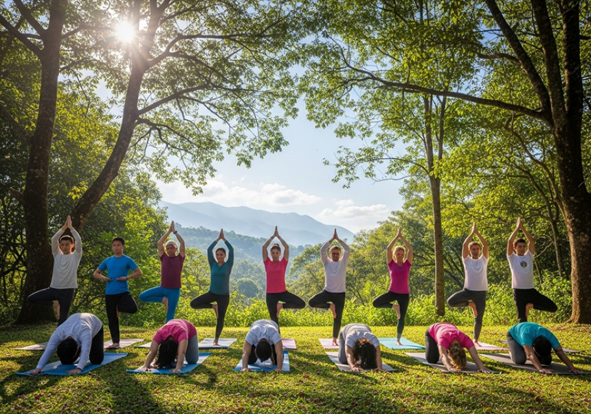 Global health and wellness trends 2025 – people practicing yoga together worldwide