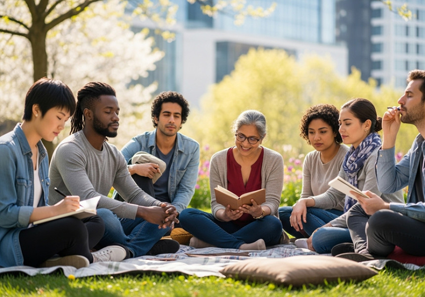 "Global self-improvement and mindfulness trends in 2025 with diverse people practicing habits together."