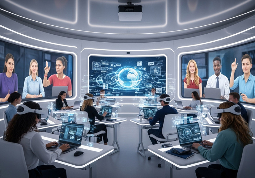 Global future of education and learning 2025 – students worldwide connected through technology.