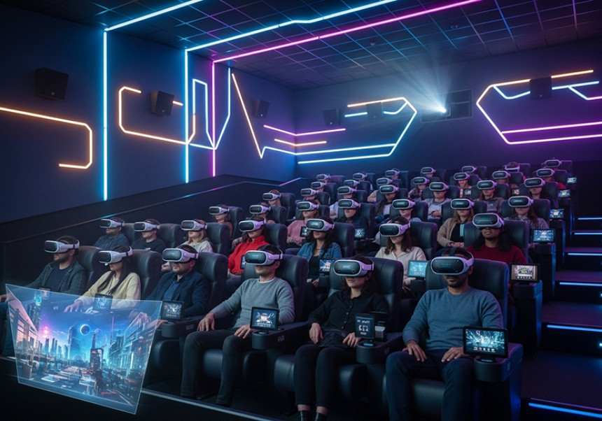 Futuristic movie theater in 2025 with VR technology and global audience