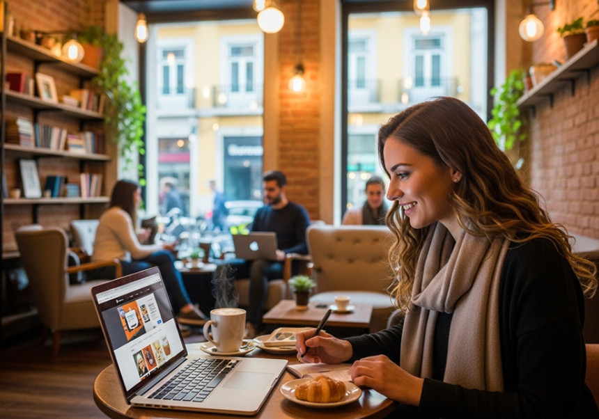 Freelancer earning money online while working remotely from a coffee shop.